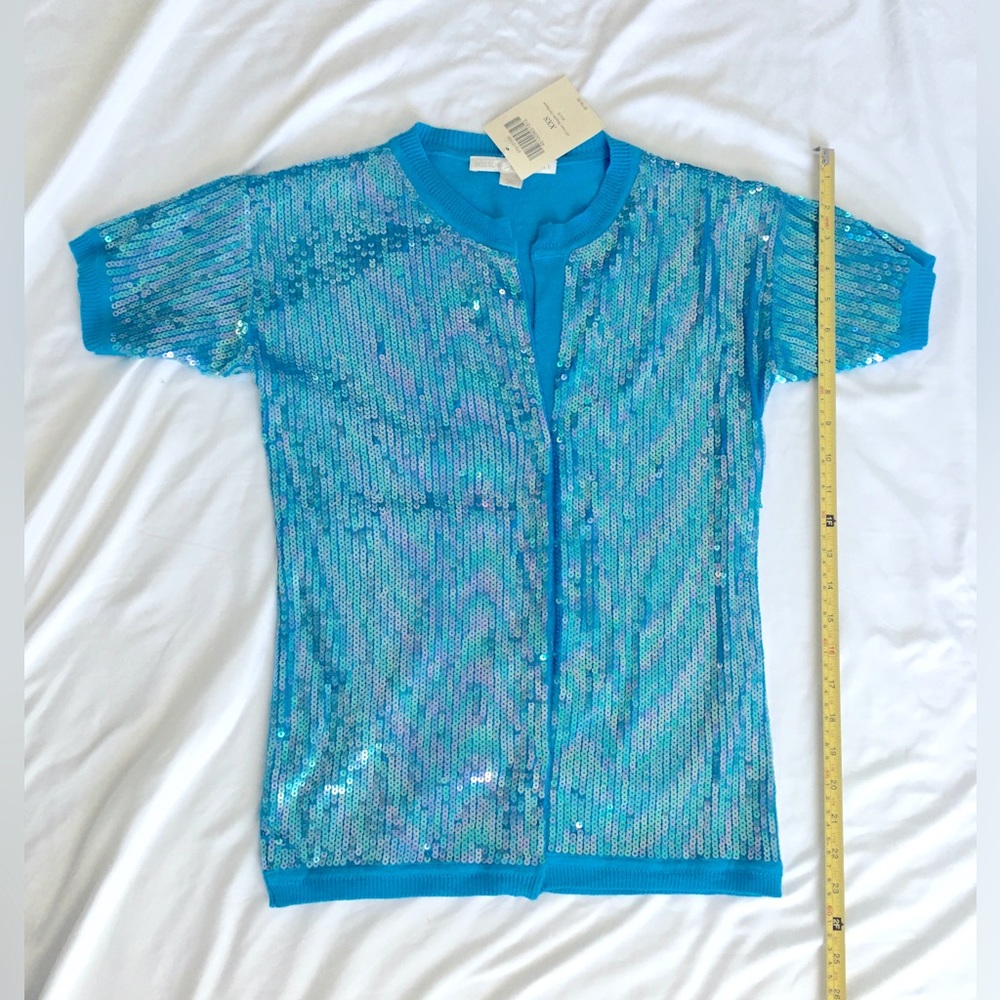 NWT Boston Proper beautiful vivid teal short sleeved iridescent sequins top